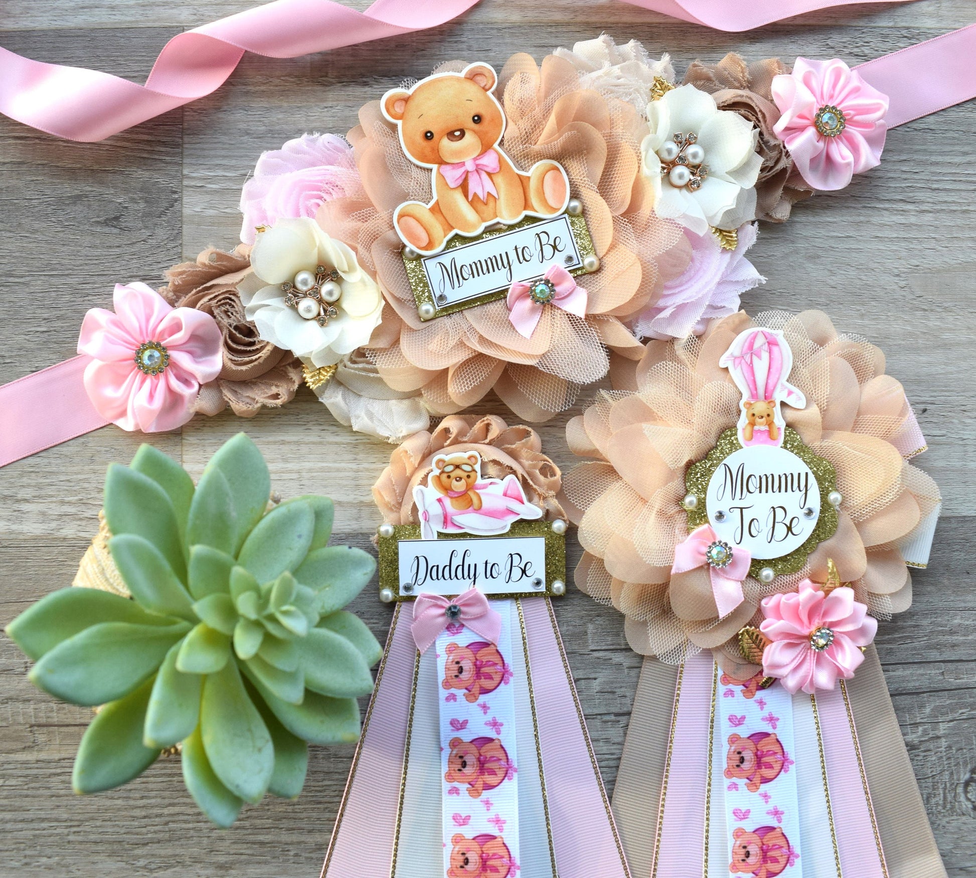 Pink Teddy Bear Baby Shower, Pink Bear Mommy Bear Maternity Sash, Papa Teddy Bear Mommy Daddy To Be Corsage, Pink Girl Teddy Bear, Custom - Celebrations By Cris