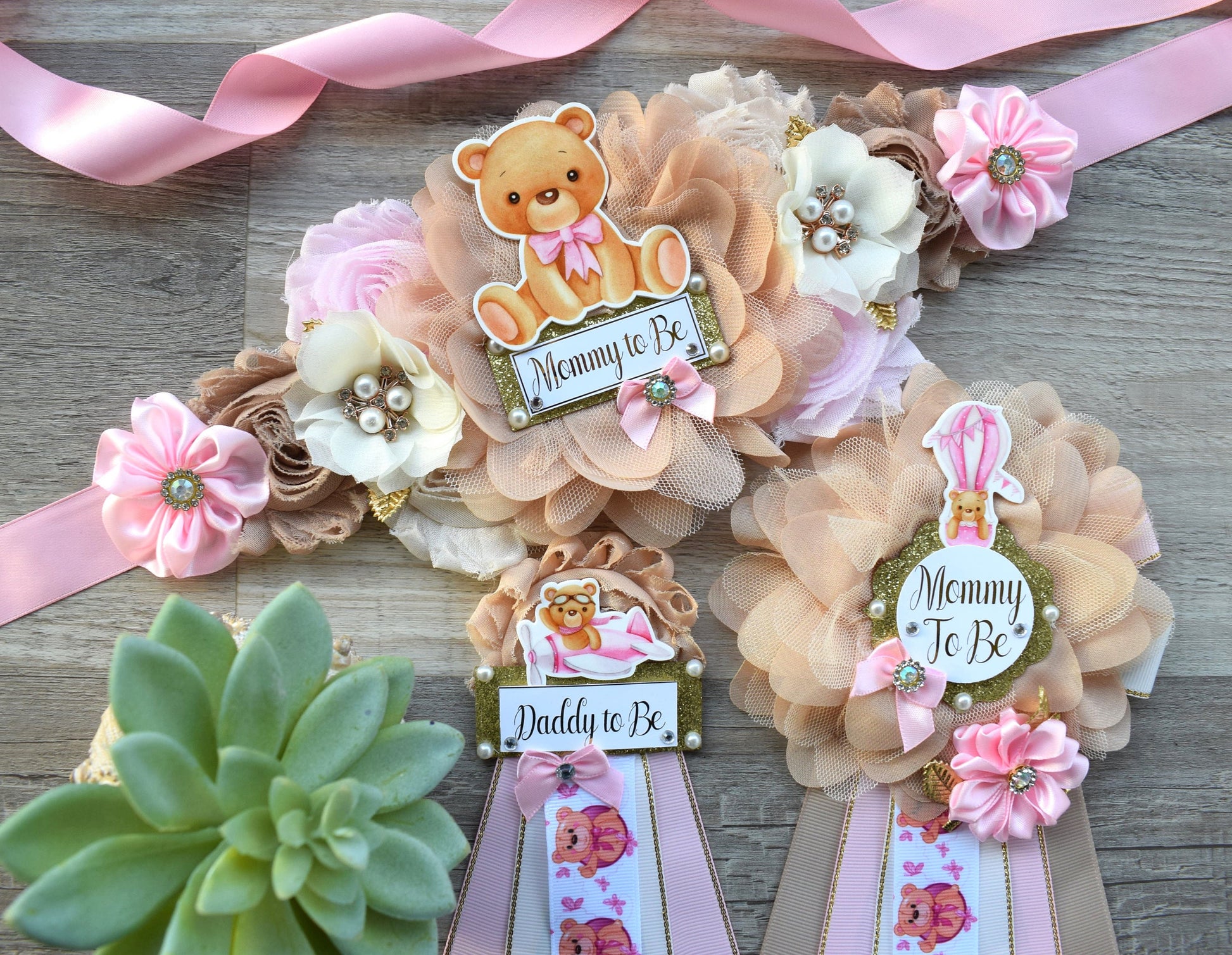 Pink Teddy Bear Baby Shower, Pink Bear Mommy Bear Maternity Sash, Papa Teddy Bear Mommy Daddy To Be Corsage, Pink Girl Teddy Bear, Custom - Celebrations By Cris