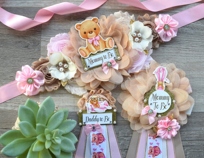 Pink Teddy Bear Baby Shower, Pink Bear Mommy Bear Maternity Sash, Papa Teddy Bear Mommy Daddy To Be Corsage, Pink Girl Teddy Bear, Custom - Celebrations By Cris