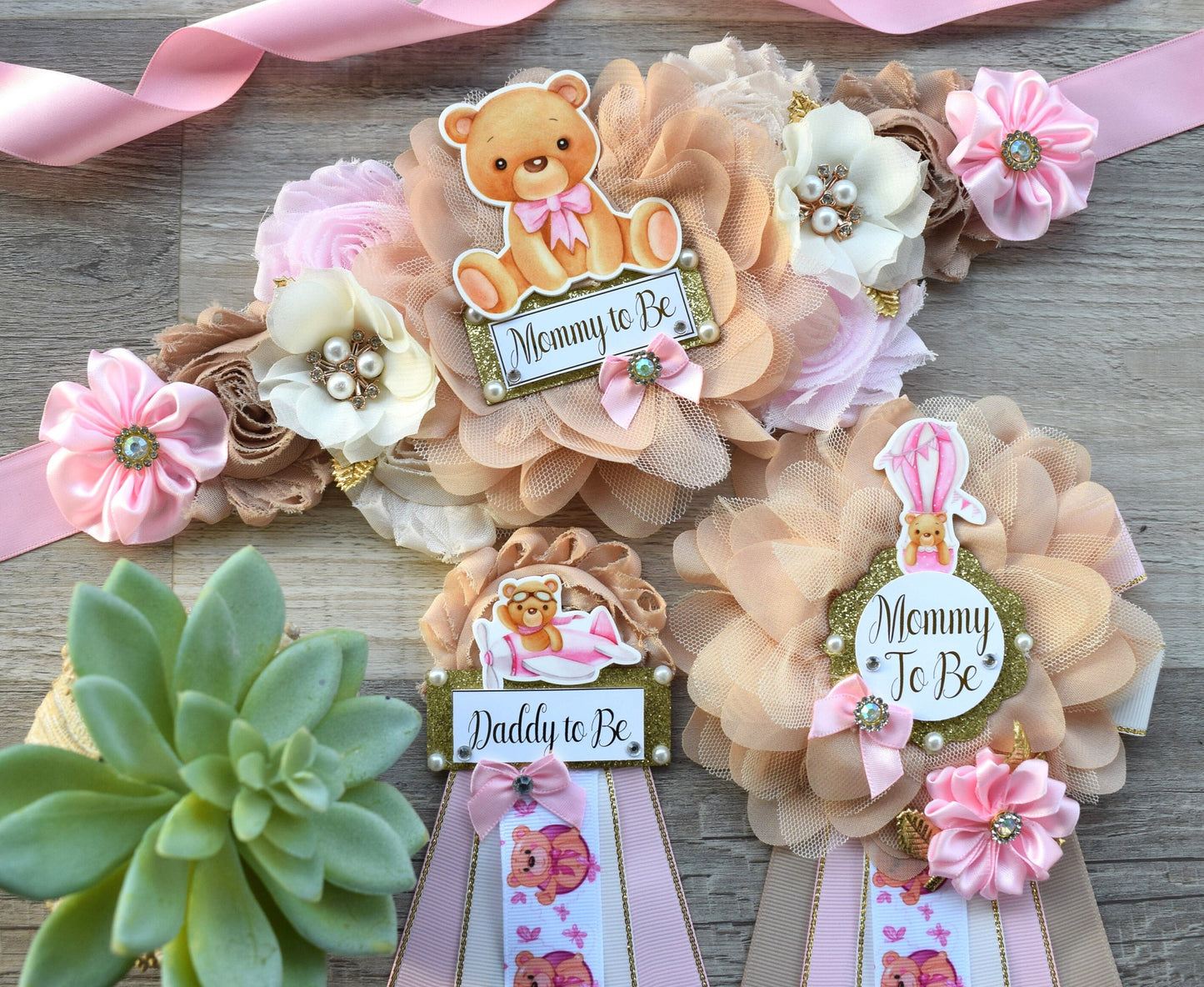 Pink Teddy Bear Baby Shower, Pink Bear Mommy Bear Maternity Sash, Papa Teddy Bear Mommy Daddy To Be Corsage, Pink Girl Teddy Bear, Custom - Celebrations By Cris