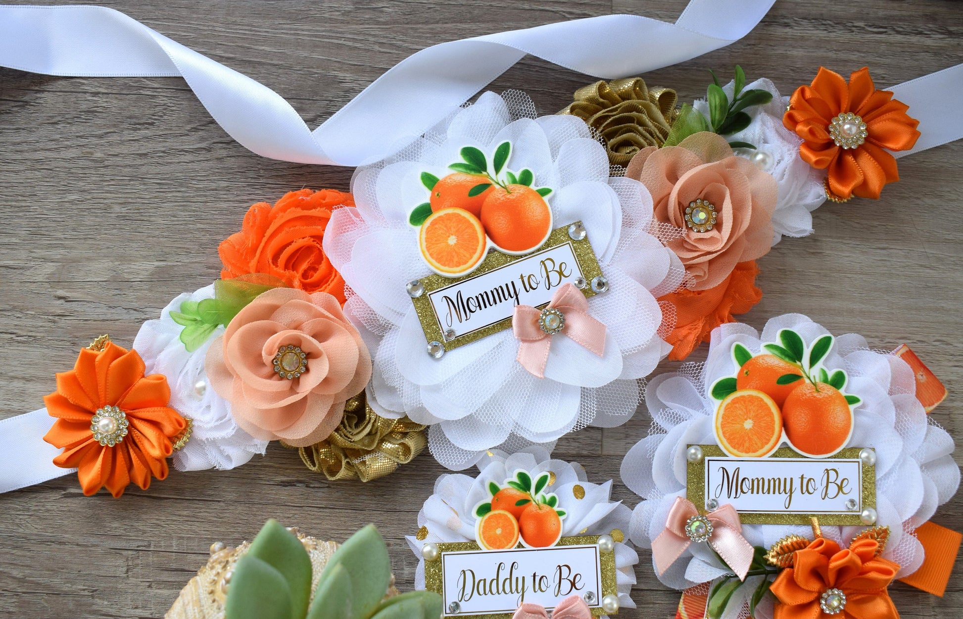 Orange Baby Shower, A Little Cutie Is On The Way, Fruit Orange Maternity Sash, Mommy To Be Ribbon Pin, Daddy To Be Ribbon, Baby Shower Gift - Celebrations By Cris