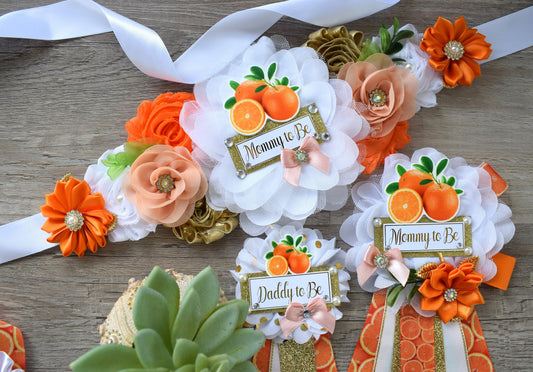 Orange Baby Shower, A Little Cutie Is On The Way, Fruit Orange Maternity Sash, Mommy To Be Ribbon Pin, Daddy To Be Ribbon, Baby Shower Gift - Celebrations By Cris