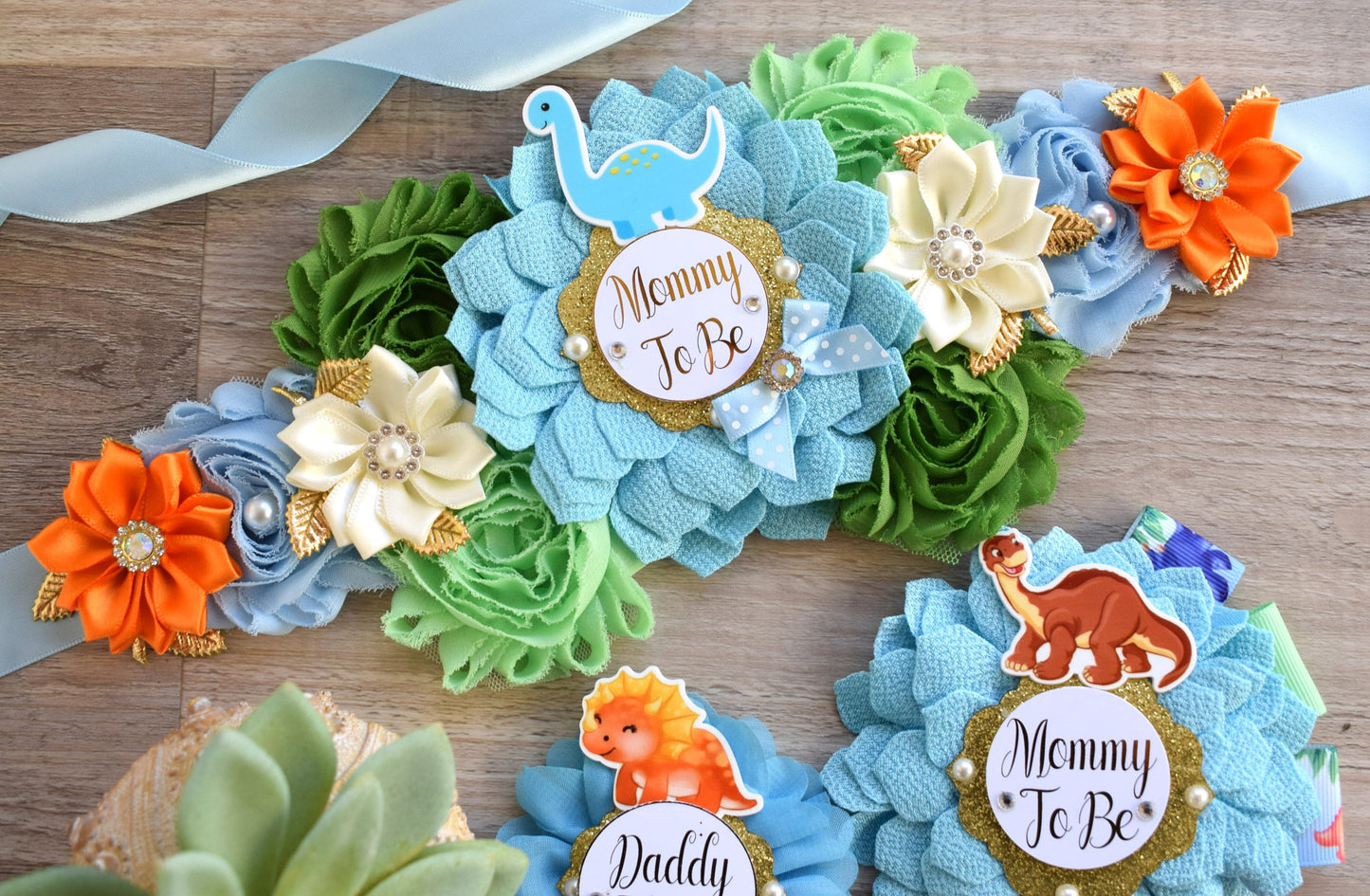 Dinosaur Baby Shower, Dinosaur Mommy to Be Sash, Dinosaur Mommy To Be Ribbon, Dinosaur Daddy to Be, Dinosaur Orange Green Blue, Custom - Celebrations By Cris