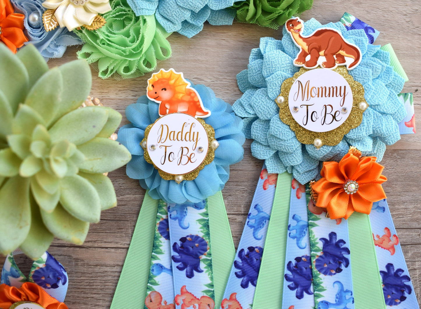 Dinosaur Baby Shower, Dinosaur Mommy to Be Sash, Dinosaur Mommy To Be Ribbon, Dinosaur Daddy to Be, Dinosaur Orange Green Blue, Custom - Celebrations By Cris