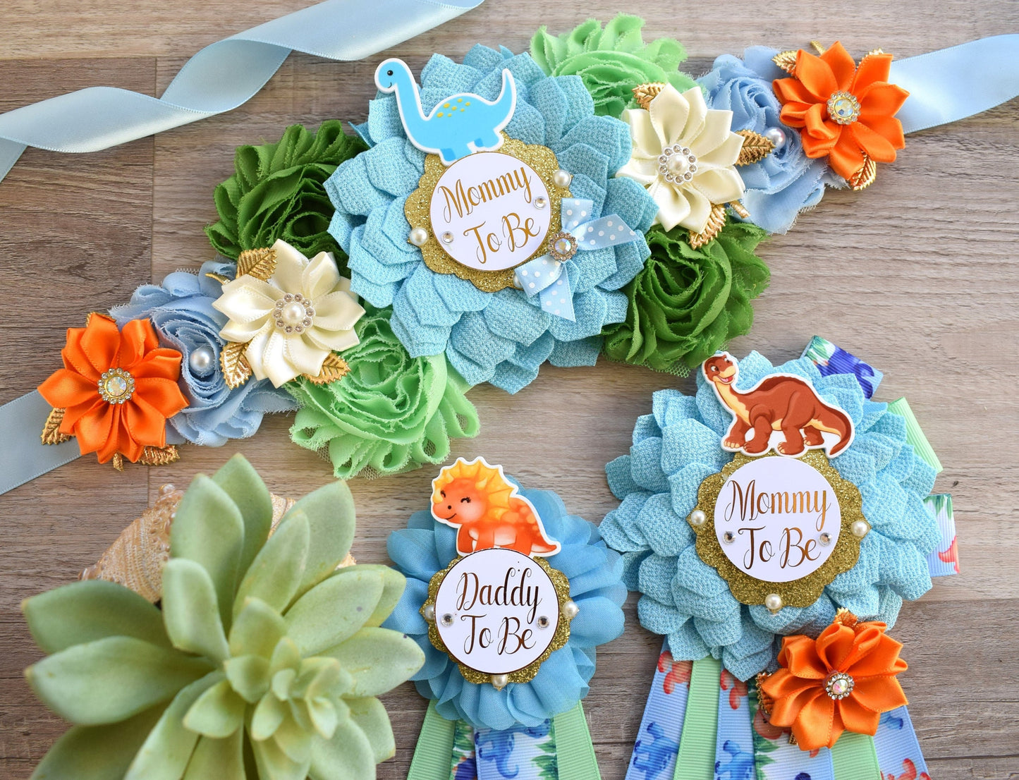 Dinosaur Baby Shower, Dinosaur Mommy to Be Sash, Dinosaur Mommy To Be Ribbon, Dinosaur Daddy to Be, Dinosaur Orange Green Blue, Custom - Celebrations By Cris