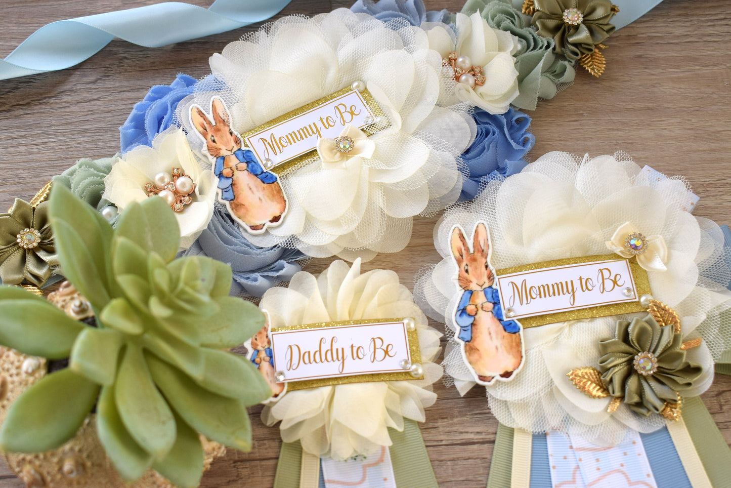 Rabbit Baby Shower, Boy Rabbit Mommy to Be Pin, Blue Green Boy Rabbit Shower, Rabbit Mommy Corsage Pin