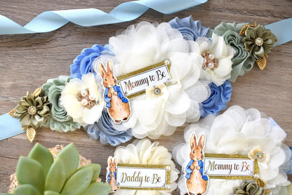 Rabbit Baby Shower, Boy Rabbit Mommy to Be Pin, Blue Green Boy Rabbit Shower, Rabbit Mommy Corsage Pin