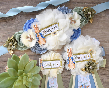 Rabbit Baby Shower, Boy Rabbit Mommy to Be Pin, Blue Green Boy Rabbit Shower, Rabbit Mommy Corsage Pin