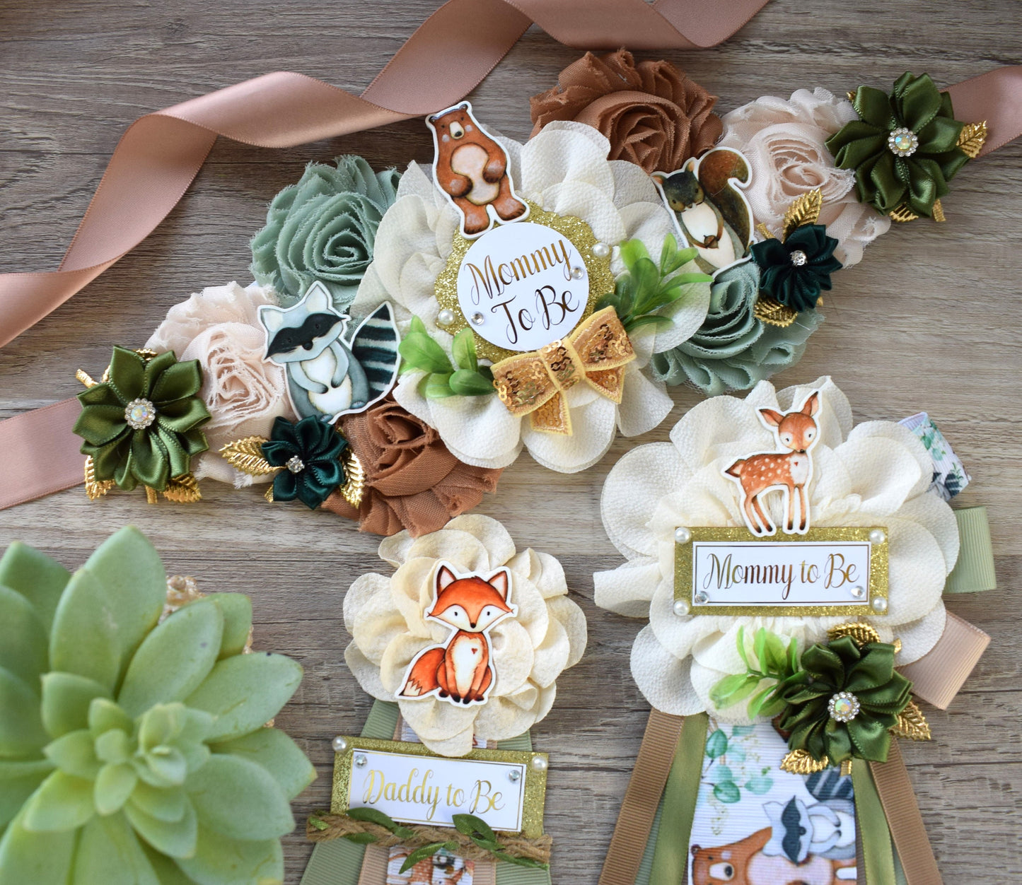 Woodland Baby Shower, Sage Green Fox Raccoon Woodland Maternity Sash, Mommy To Be Ribbon, Daddy To Be Pin, Woodland Baby Shower- S0005 - Celebrations By Cris