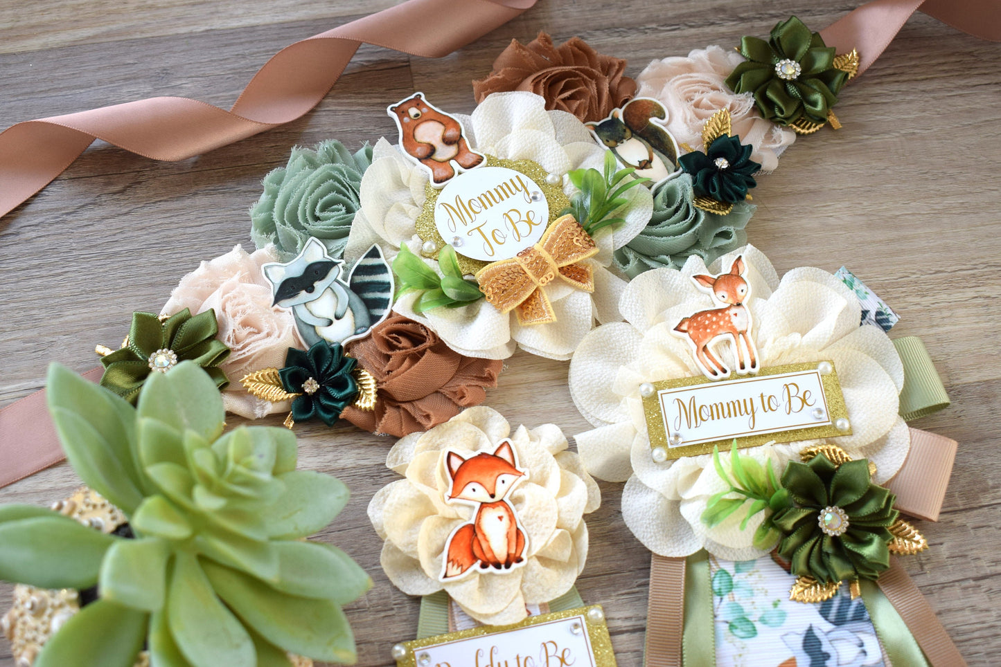 Woodland Baby Shower, Sage Green Fox Raccoon Woodland Maternity Sash, Mommy To Be Ribbon, Daddy To Be Pin, Woodland Baby Shower- S0005 - Celebrations By Cris