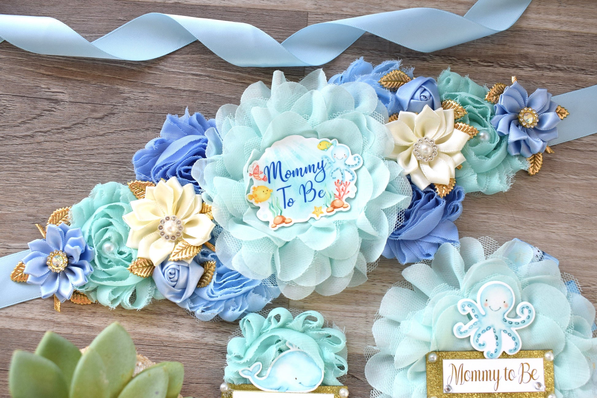 Under The Sea Baby Shower, Turtle Octopus Starfish Aqua Blue Flower Maternity Sash, Under The Sea Mommy To Be, Under The Sea Daddy To Be - Celebrations By Cris