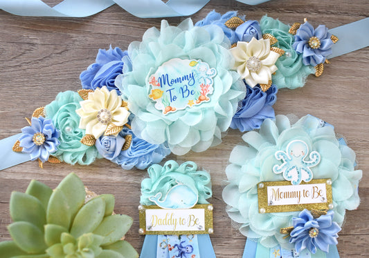 Under The Sea Baby Shower, Turtle Octopus Starfish Aqua Blue Flower Maternity Sash, Under The Sea Mommy To Be, Under The Sea Daddy To Be - Celebrations By Cris