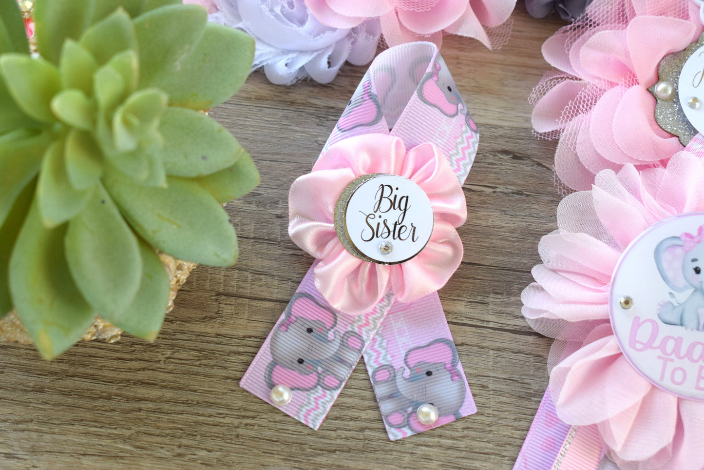 Pink Elephant Baby Shower, Girl Pink Elephant Maternity Sash, Pink Elephant Belly Mommy To Be Ribbon, Girl Daddy To Be Pin, Custom - Celebrations By Cris