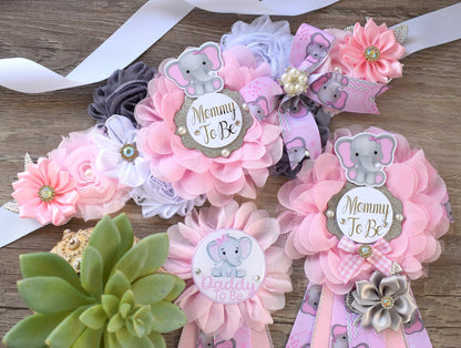 Pink Elephant Baby Shower, Girl Pink Elephant Maternity Sash, Pink Elephant Belly Mommy To Be Ribbon, Girl Daddy To Be Pin, Custom - Celebrations By Cris