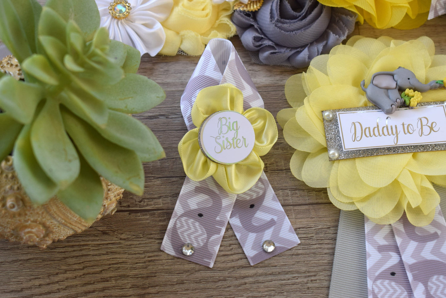 Yellow Grey Elephant Baby Shower, Yellow Grey Elephant Maternity Sash, Yellow Grey Daddy To Be Pin, Elephant Mommy To Be Ribbon, Custom