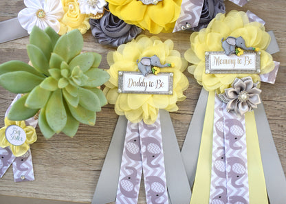 Yellow Grey Elephant Baby Shower, Yellow Grey Elephant Maternity Sash, Yellow Grey Daddy To Be Pin, Elephant Mommy To Be Ribbon, Custom