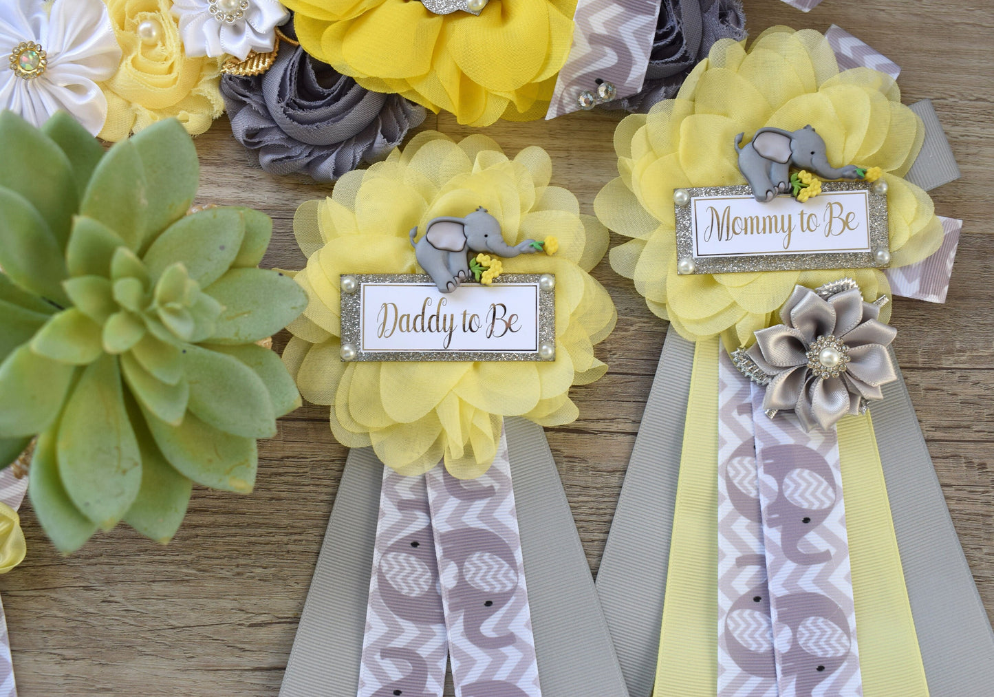 Yellow Grey Elephant Baby Shower, Yellow Grey Elephant Maternity Sash, Yellow Grey Daddy To Be Pin, Elephant Mommy To Be Ribbon, Custom