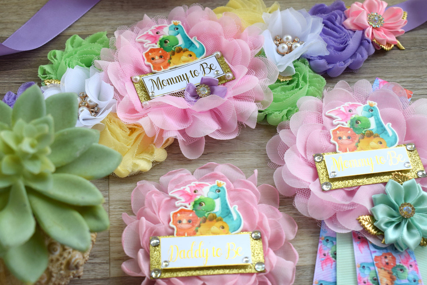 Girl Dinosaur Baby Shower, Pink Lavender Dinosaur Corsage Pin Set, Dinosaur Mommy to Be Sash, Dinosaur Mommy Daddy to Be, Dinosaur Shower