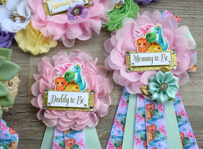 Girl Dinosaur Baby Shower, Pink Lavender Dinosaur Corsage Pin Set, Dinosaur Mommy to Be Sash, Dinosaur Mommy Daddy to Be, Dinosaur Shower