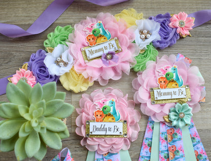 Girl Dinosaur Baby Shower, Pink Lavender Dinosaur Corsage Pin Set, Dinosaur Mommy to Be Sash, Dinosaur Mommy Daddy to Be, Dinosaur Shower