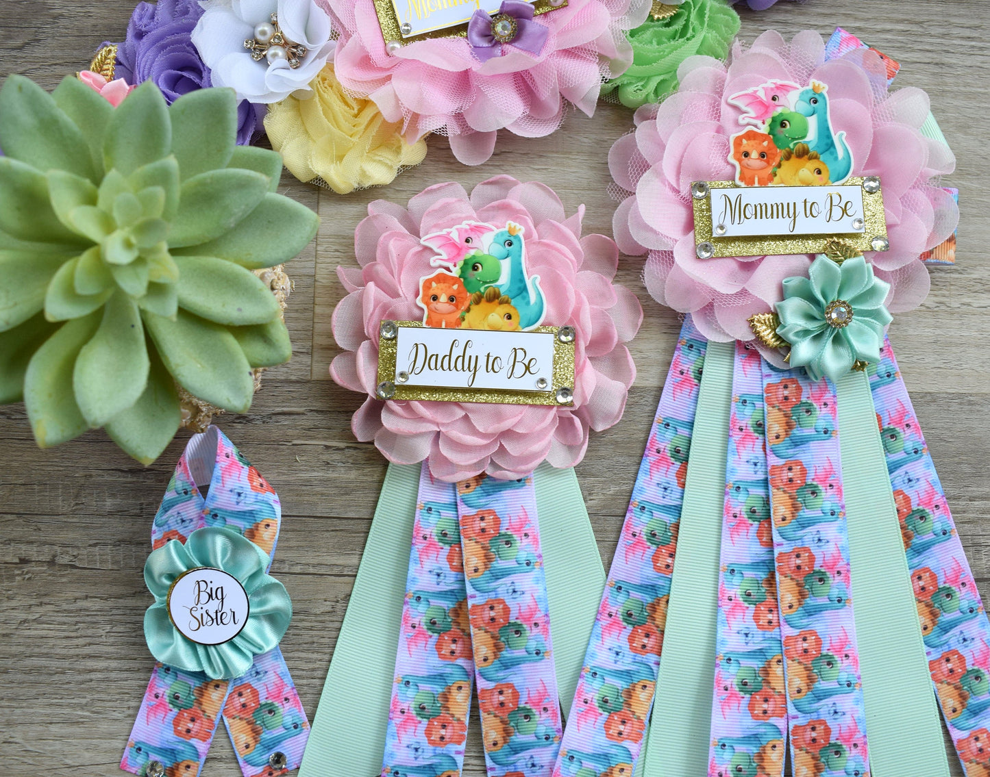 Girl Dinosaur Baby Shower, Pink Lavender Dinosaur Corsage Pin Set, Dinosaur Mommy to Be Sash, Dinosaur Mommy Daddy to Be, Dinosaur Shower