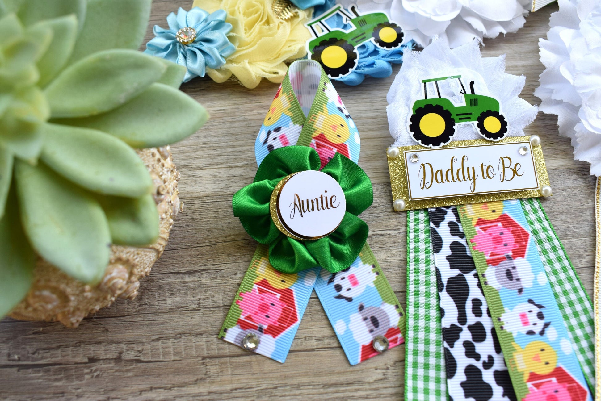 Farm Animal Baby Shower, Barn Animal Baby Shower, Cow Sheep Horse Mommy To Be Ribbon Pin, Daddy To Be Ribbon Pin, Green Truck Baby Shower - Celebrations By Cris