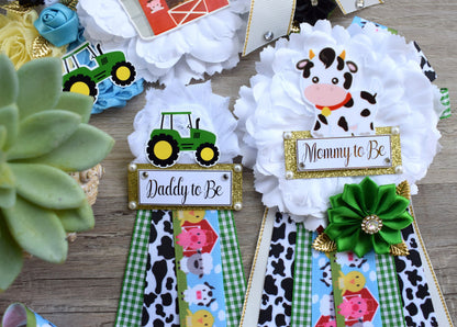 Farm Animal Baby Shower, Barn Animal Baby Shower, Cow Sheep Horse Mommy To Be Ribbon Pin, Daddy To Be Ribbon Pin, Green Truck Baby Shower - Celebrations By Cris