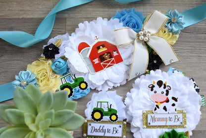 Farm Animal Baby Shower, Barn Animal Baby Shower, Cow Sheep Horse Mommy To Be Ribbon Pin, Daddy To Be Ribbon Pin, Green Truck Baby Shower - Celebrations By Cris