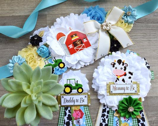 Farm Animal Baby Shower, Barn Animal Baby Shower, Cow Sheep Horse Mommy To Be Ribbon Pin, Daddy To Be Ribbon Pin, Green Truck Baby Shower - Celebrations By Cris