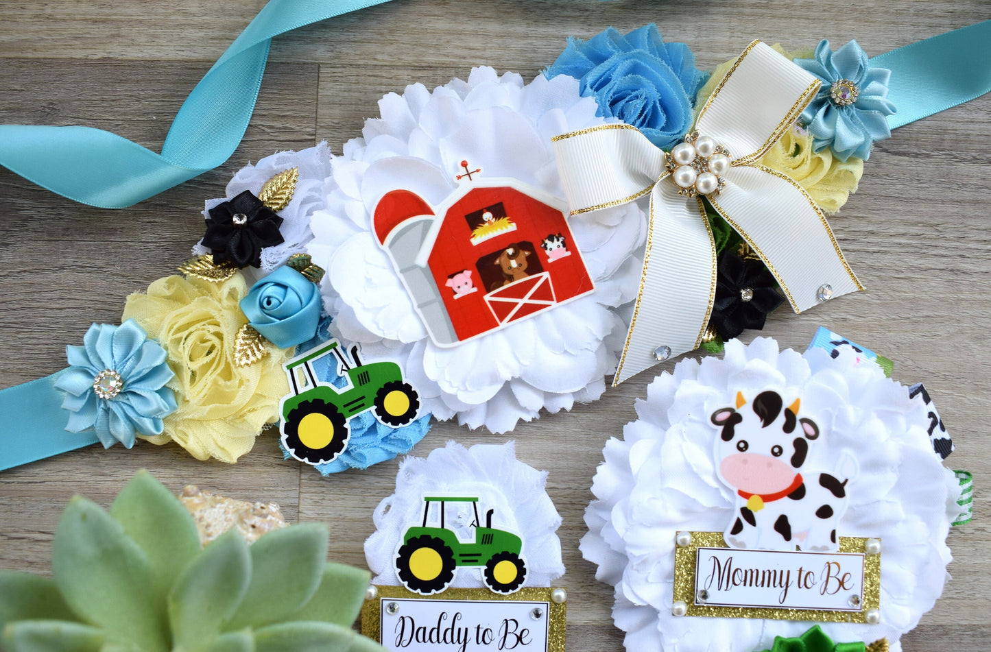 Farm Animal Baby Shower, Barn Animal Baby Shower, Cow Sheep Horse Mommy To Be Ribbon Pin, Daddy To Be Ribbon Pin, Green Truck Baby Shower - Celebrations By Cris