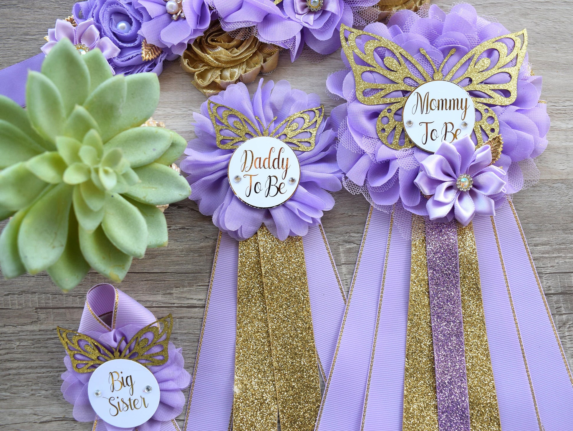 Lavender Butterfly Baby Shower, Butterfly Maternity Belly Sash, Gold Butterfly Mommy To Be Ribbon, Lilac Butterfly Daddy To Be Pin, Custom - Celebrations By Cris