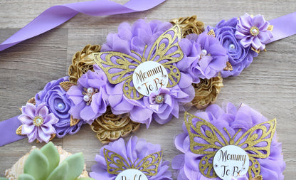 Lavender Butterfly Baby Shower, Butterfly Maternity Belly Sash, Gold Butterfly Mommy To Be Ribbon, Lilac Butterfly Daddy To Be Pin, Custom - Celebrations By Cris