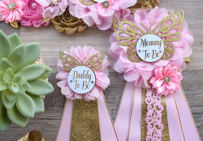 Pink Butterfly Baby Shower, Butterfly Maternity Belly Sash, Pink Gold Butterfly Mommy To Be Ribbon, Butterfly Daddy To Be Pin, Custom - Celebrations By Cris