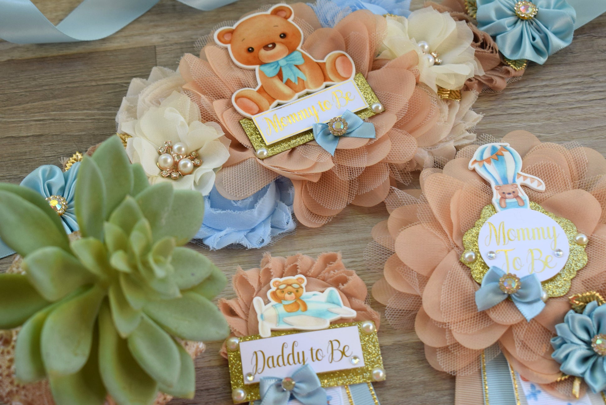 Blue Teddy Bear Baby Shower, Teddy Bear Blue Flower Sash, Teddy Bear Corsage Pin, Bear Mommy To Be, Bear Daddy To Be, Bear Baby Shower - Celebrations By Cris