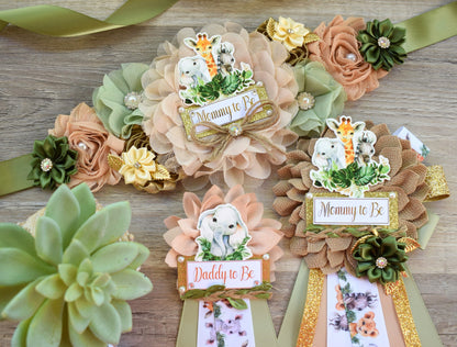 Jungle Safari Boho Baby Shower, Safari Sage Maternity Sash, Animal Mommy To Be Ribbon, Jungle Daddy To Be Pin, Greenery Shower, Custom - Celebrations By Cris