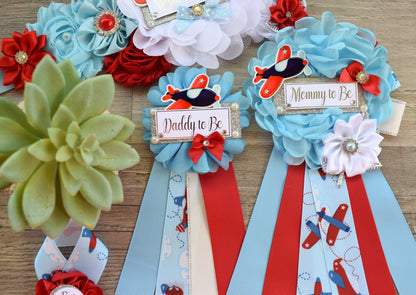 Airplane Baby Shower, Boy Baby Shower, Airplane Maternity Sash, Up Up and Away, Fly Airplane Baby Shower Sash, Blue Red White, Custom Set - Celebrations By Cris