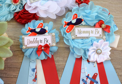 Airplane Baby Shower, Boy Baby Shower, Airplane Maternity Sash, Up Up and Away, Fly Airplane Baby Shower Sash, Blue Red White, Custom Set - Celebrations By Cris