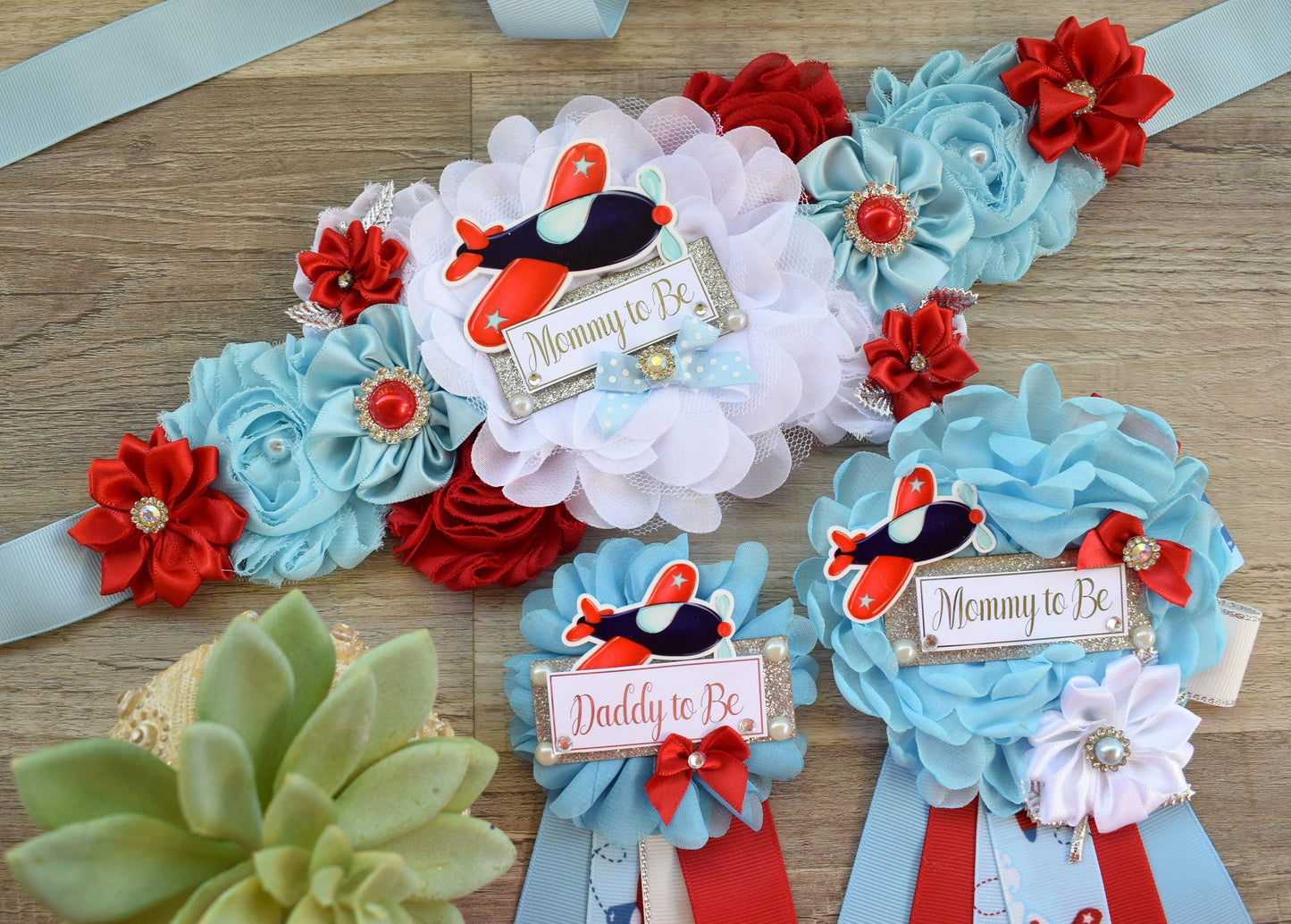 Airplane Baby Shower, Boy Baby Shower, Airplane Maternity Sash, Up Up and Away, Fly Airplane Baby Shower Sash, Blue Red White, Custom Set - Celebrations By Cris