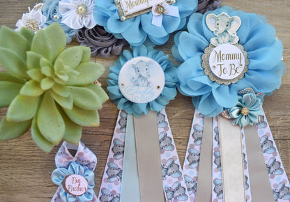 Little Peanut Elephant Baby Shower, Blue Grey Maternity Sash, Boy Mommy To Be Ribbon, Daddy To Be Pin, A Little Peanut Is On The Way!