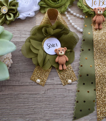 Bear Olive Baby Shower, Olive Maternity Sash, Olive Gold Baby Shower, Teddy Bear Green White Gold Belly Sash, Greenery Flower Sash, Custom - Celebrations By Cris