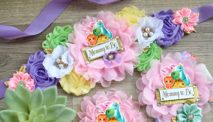 Girl Dinosaur Baby Shower, Pink Lavender Dinosaur Corsage Pin Set, Dinosaur Mommy to Be Sash, Dinosaur Mommy Daddy to Be, Dinosaur Shower