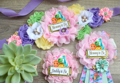 Girl Dinosaur Baby Shower, Pink Lavender Dinosaur Corsage Pin Set, Dinosaur Mommy to Be Sash, Dinosaur Mommy Daddy to Be, Dinosaur Shower