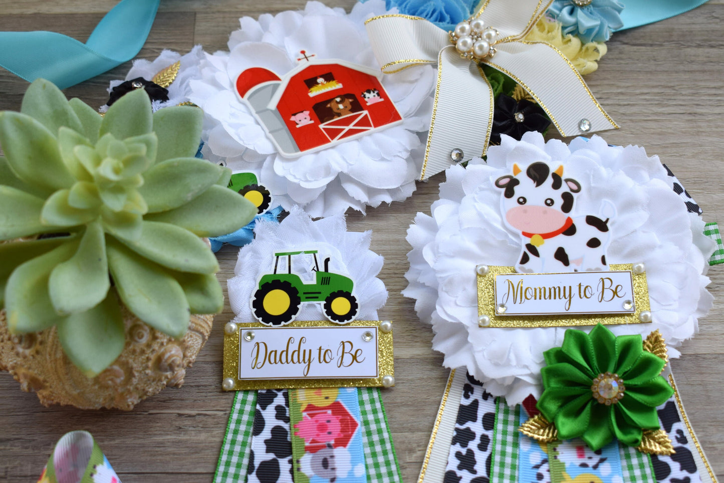 Farm Animal Baby Shower, Barn Animal Baby Shower, Cow Sheep Horse Mommy To Be Ribbon Pin, Daddy To Be Ribbon Pin, Green Truck Baby Shower - Celebrations By Cris