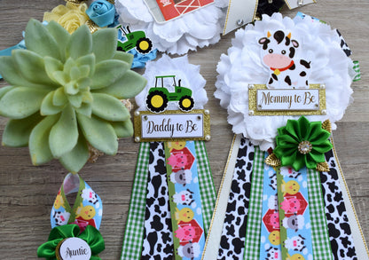 Farm Animal Baby Shower, Barn Animal Baby Shower, Cow Sheep Horse Mommy To Be Ribbon Pin, Daddy To Be Ribbon Pin, Green Truck Baby Shower - Celebrations By Cris