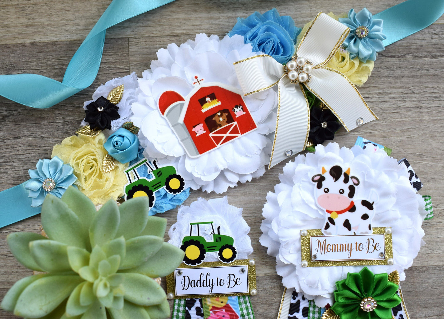 Farm Animal Baby Shower, Barn Animal Baby Shower, Cow Sheep Horse Mommy To Be Ribbon Pin, Daddy To Be Ribbon Pin, Green Truck Baby Shower - Celebrations By Cris