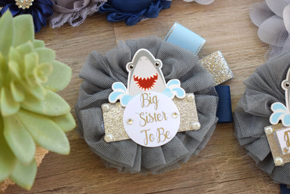 Shark Baby Shower, Blue Gray Maternity Sash, Shark Blue Grey Blue Baby Shower, Shark Mommy To Be Ribbon, Daddy To Be Pin, Custom - Celebrations By Cris