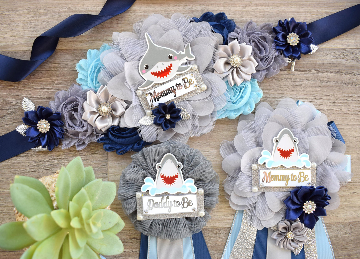 Shark Baby Shower, Blue Gray Maternity Sash, Shark Blue Grey Blue Baby Shower, Shark Mommy To Be Ribbon, Daddy To Be Pin, Custom - Celebrations By Cris