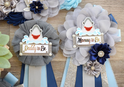 Shark Baby Shower, Blue Gray Maternity Sash, Shark Blue Grey Blue Baby Shower, Shark Mommy To Be Ribbon, Daddy To Be Pin, Custom - Celebrations By Cris