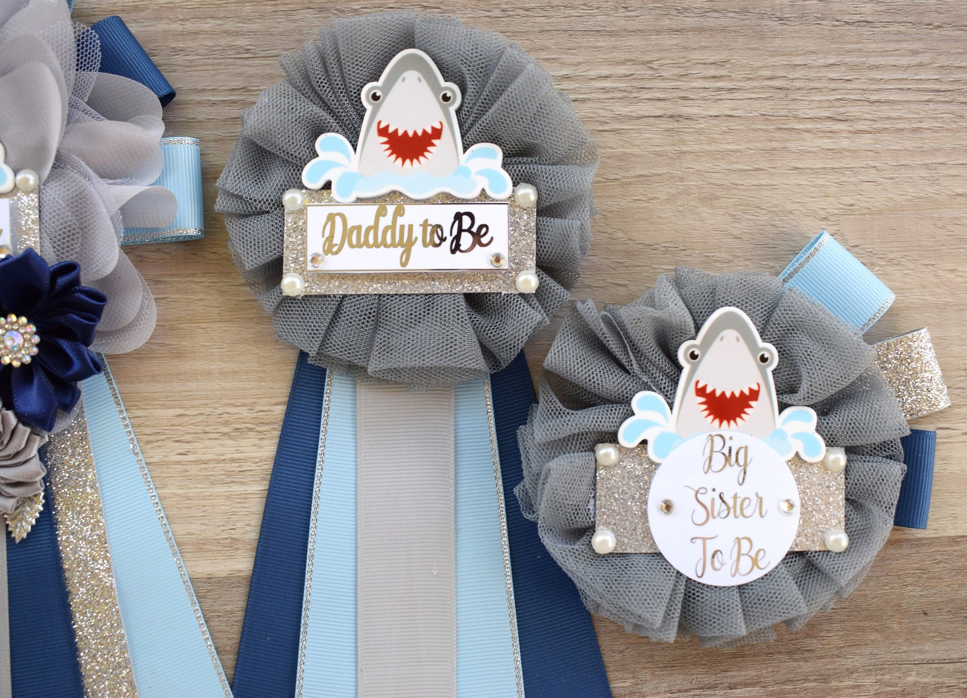 Shark Baby Shower, Blue Gray Maternity Sash, Shark Blue Grey Blue Baby Shower, Shark Mommy To Be Ribbon, Daddy To Be Pin, Custom - Celebrations By Cris