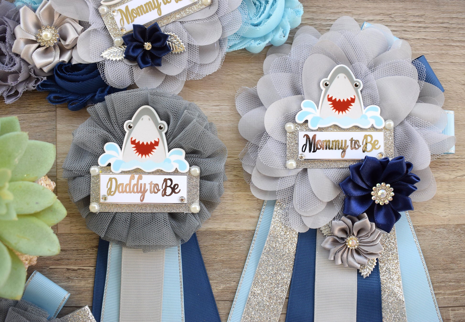 Shark Baby Shower, Blue Gray Maternity Sash, Shark Blue Grey Blue Baby Shower, Shark Mommy To Be Ribbon, Daddy To Be Pin, Custom - Celebrations By Cris